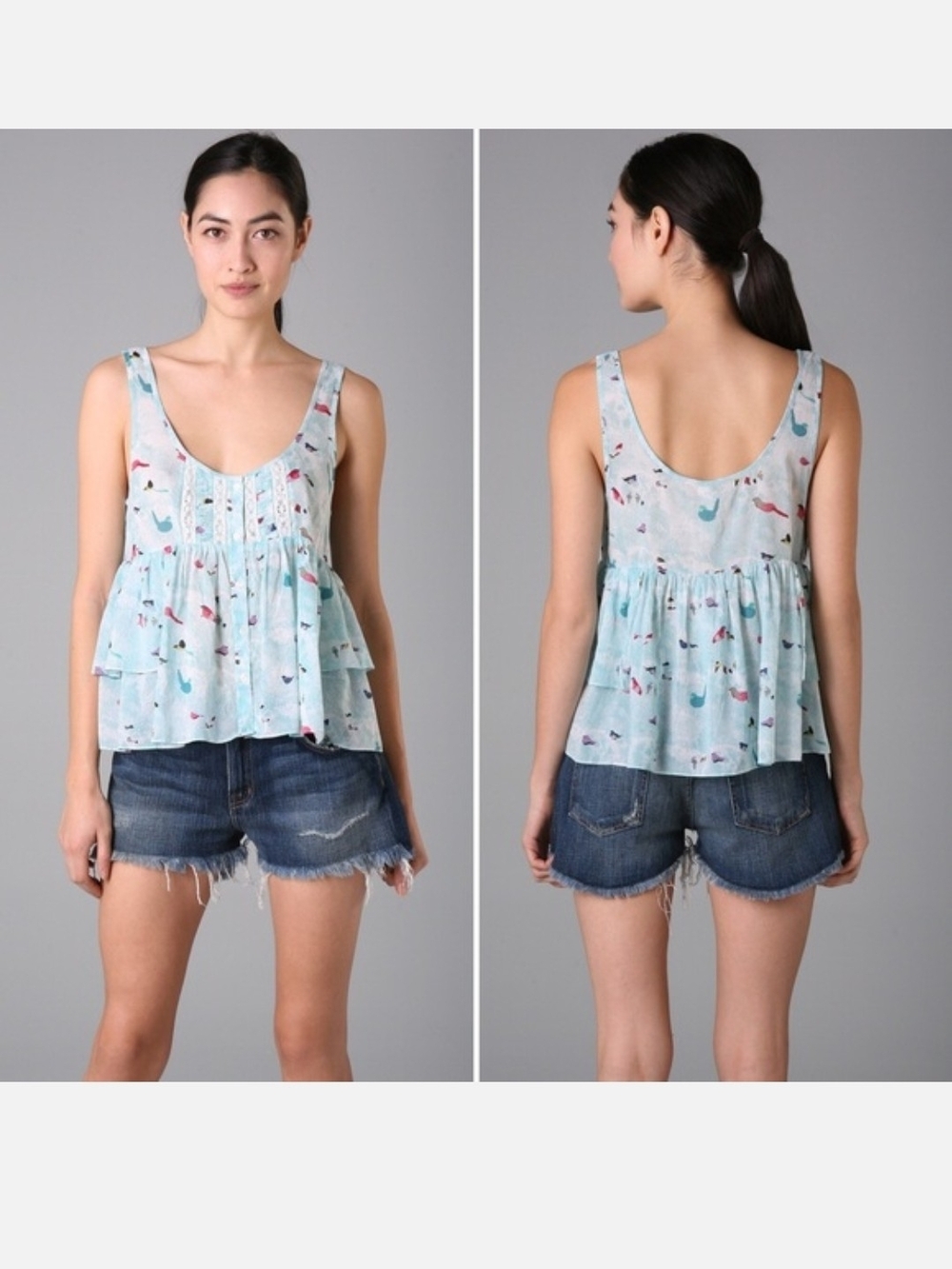 Free People Aqua Bird-Print Tiered Ruffle Tank